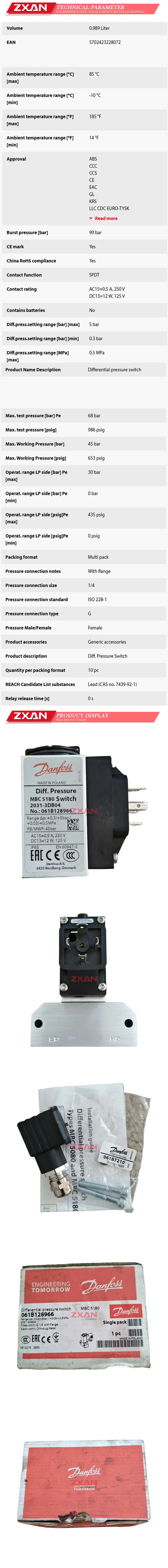Danfoss MBC5180 061B128966 Differential pressure switch Description