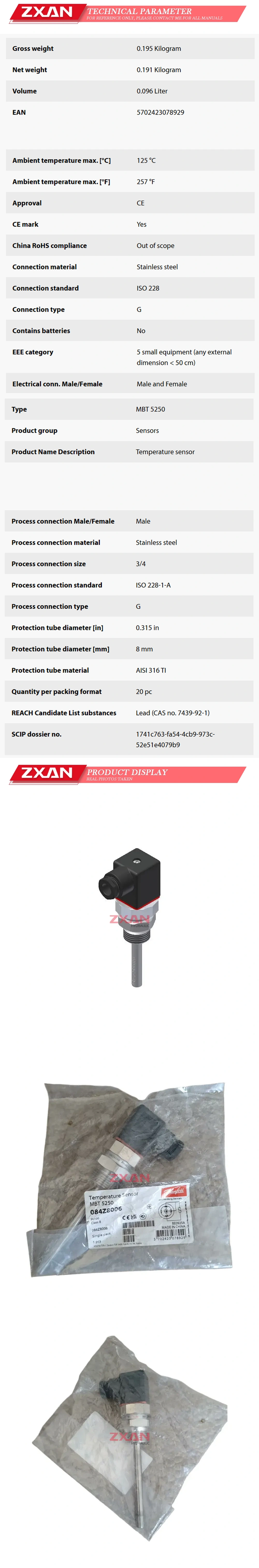 Danfoss MBT5250 084Z8006 Temperature sensor Description