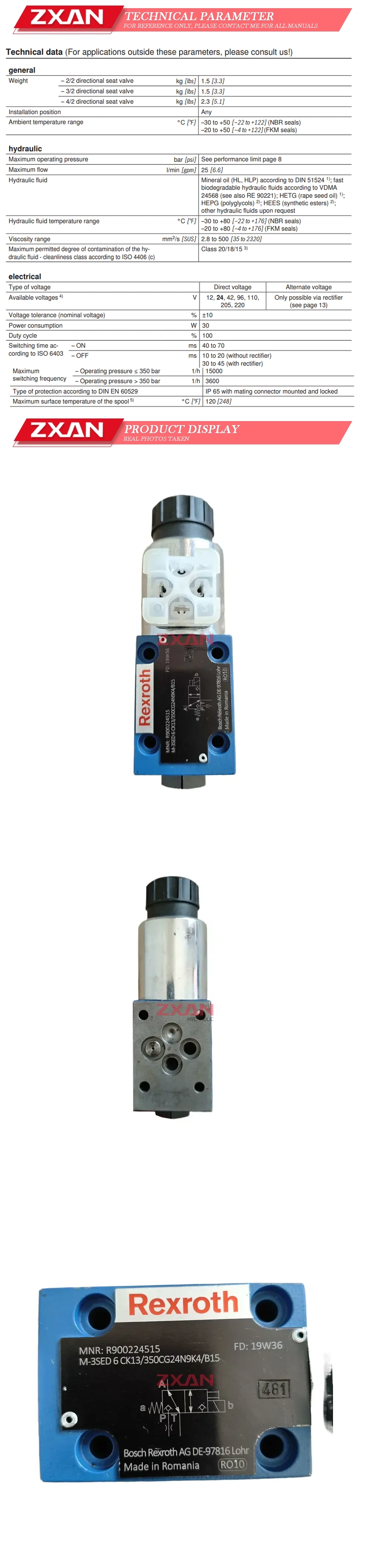Rexroth R900224515 M-3SED 6 CK13/350CG24N9K4/B15 Solenoid valve Description
