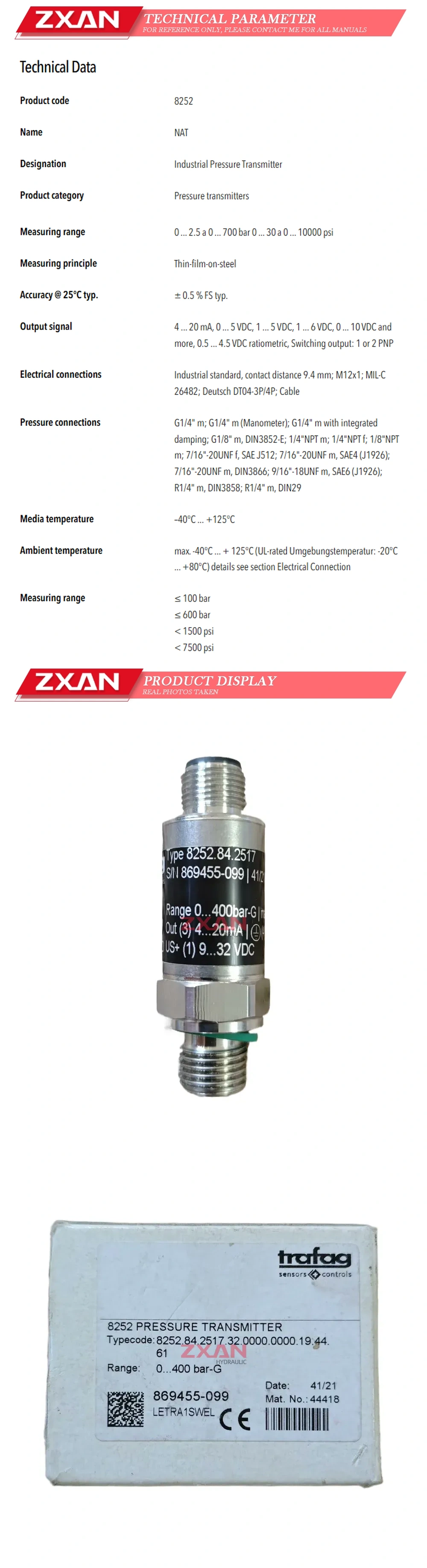 Trafag 8252.84.2517.32.0000.0000.19.44.61 pressure sensor Description