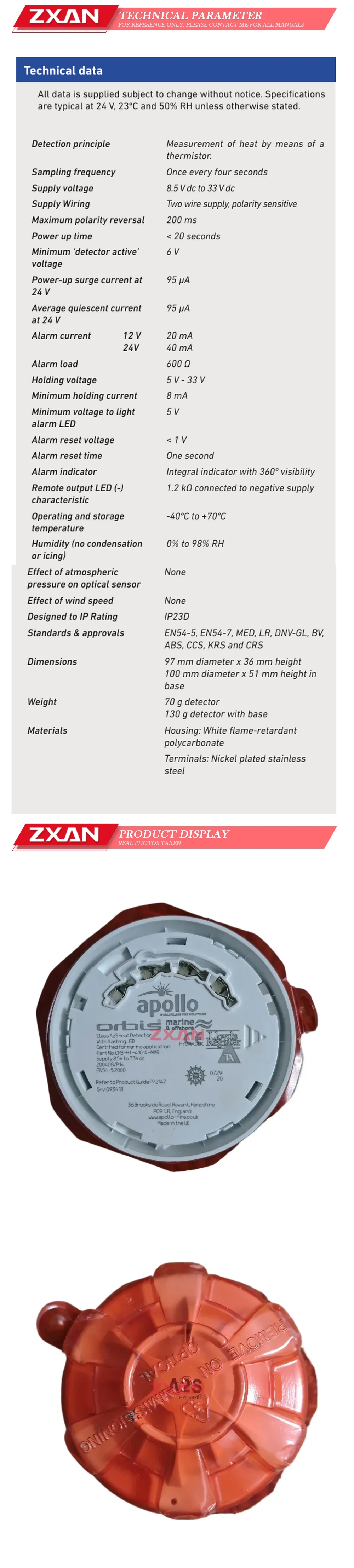 Apollo ORB-HT-41014-MAR Temperature-sensing fire alarm detector Description