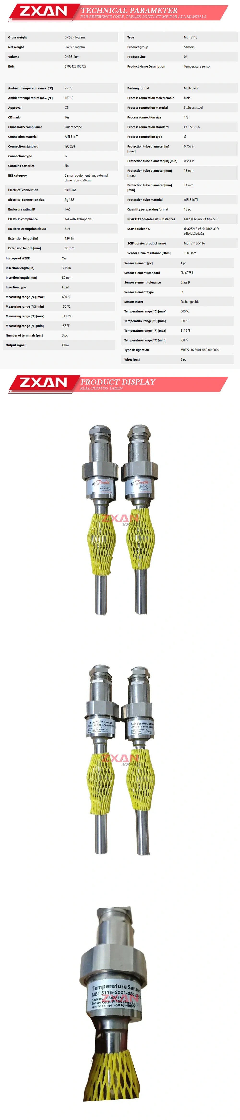 Danfoss MBT 5116-S001-080-00-0000 Temperature Sensor Description