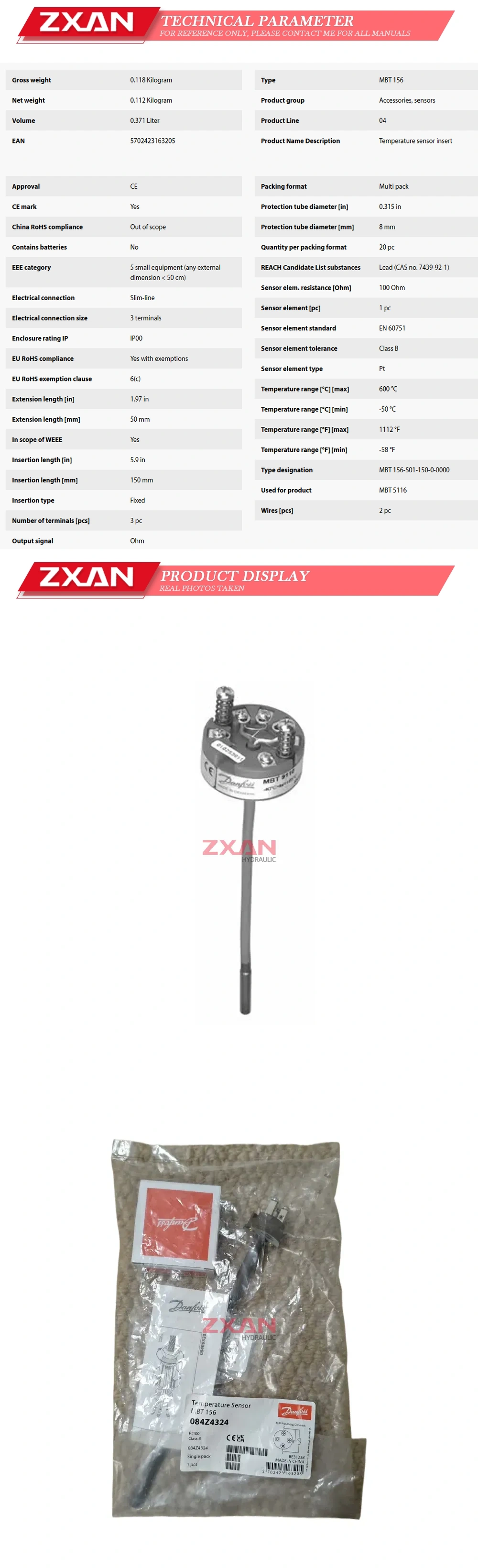 Danfoss MBT156 084Z4324 Temperature sensor Description