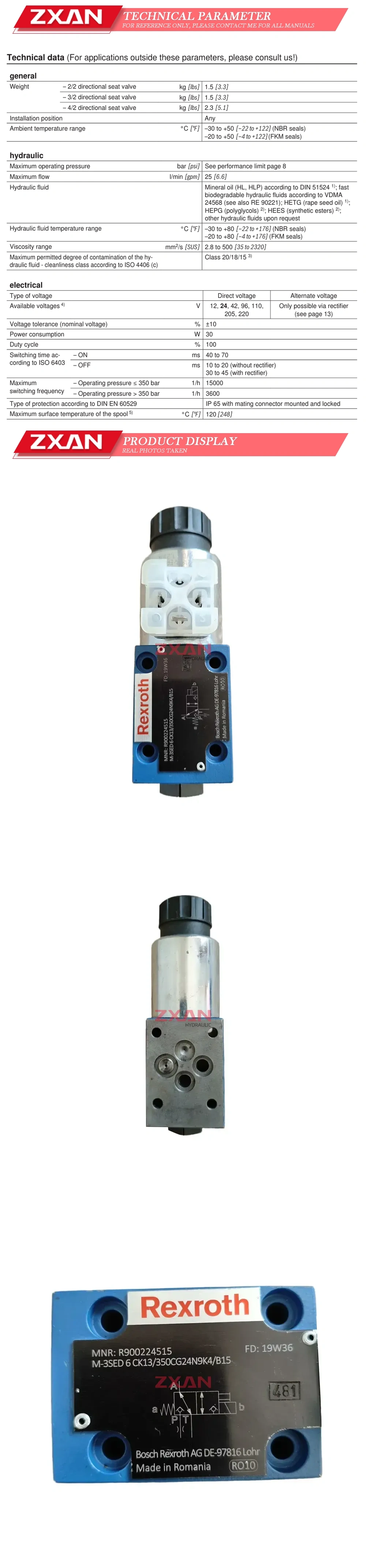 Rexroth R900224515 M-3SED 6 CK13/350CG24N9K4/B15 Solenoid valve Description