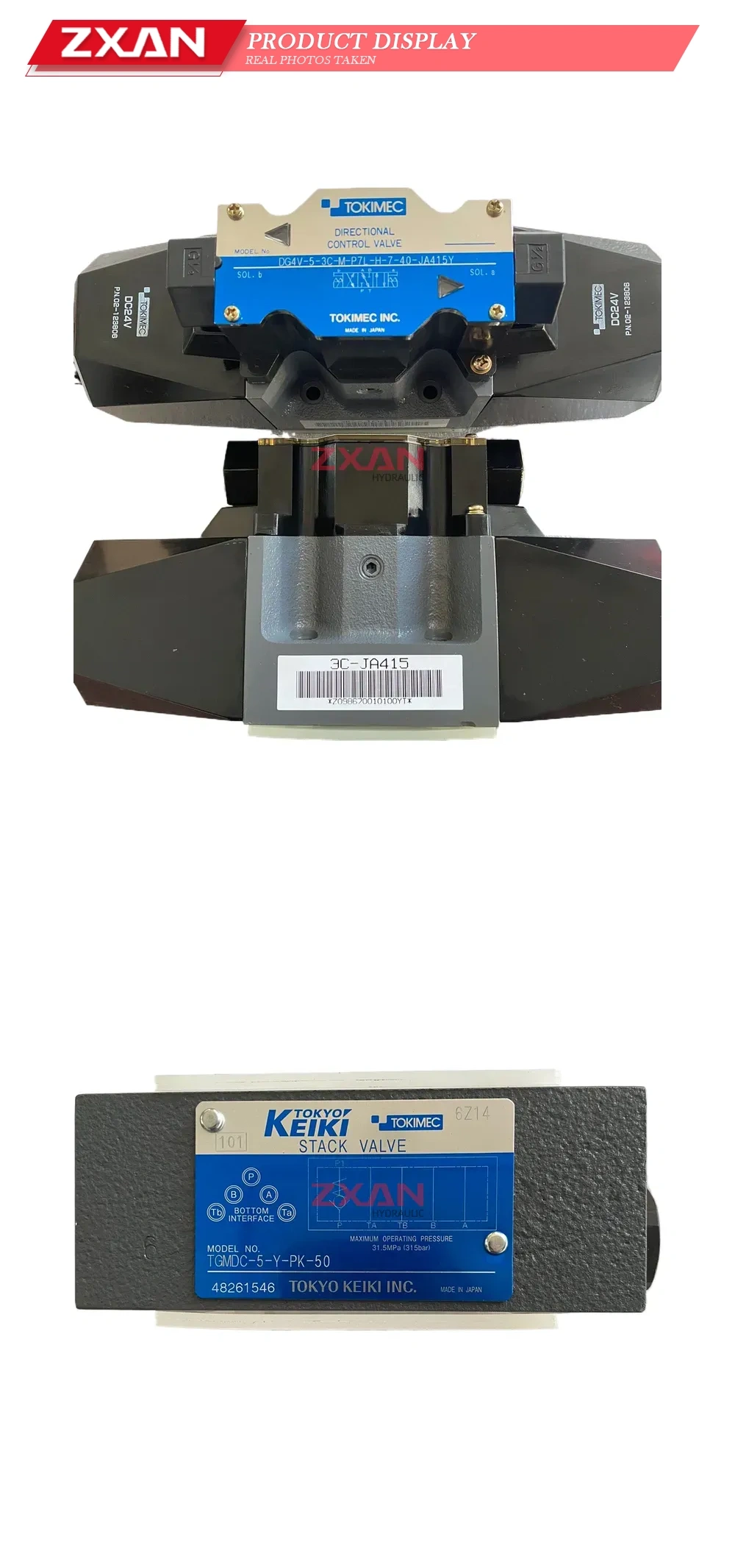 TOKIMEC / TOKYO KEIKI DG4V-5-3C-M-P7I-H-7-40-JA415Y / TGMDC-5-Y-PK-50 / TGMFN-5-Y-A2W-50 Hydraulic Directional Control Valve and Stack Valves Description