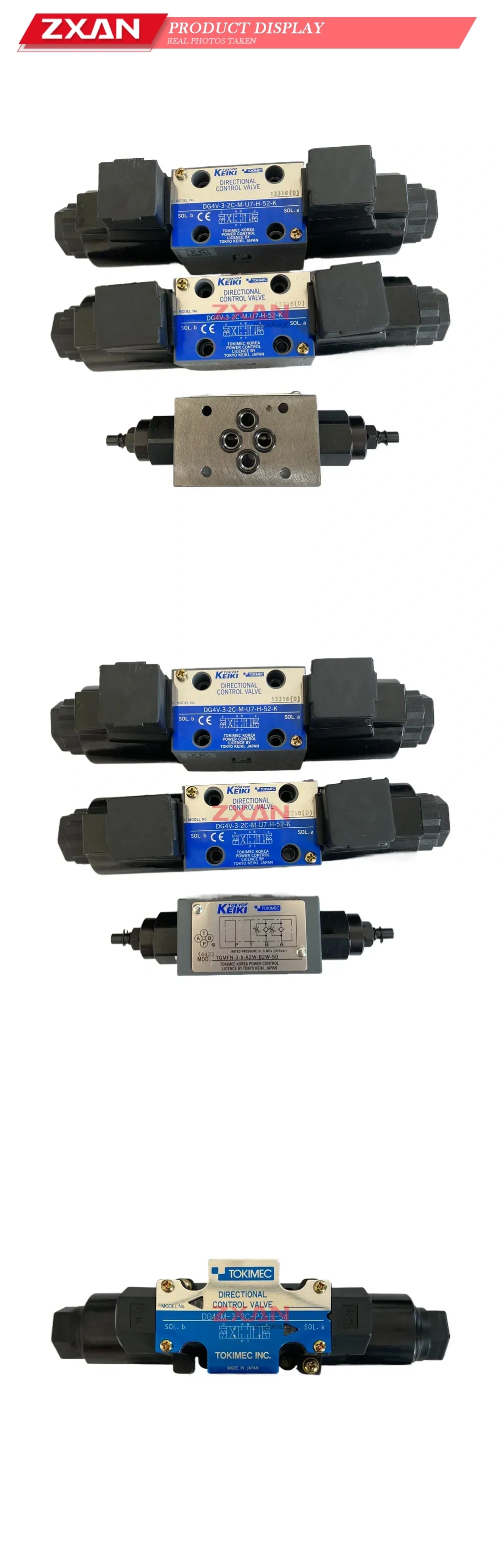 Tokimec / Tokyo Keiki DG4V-3-2C-M-U7-H-52-K; TGMFN-3-X-A2W-B2W-50; DG4SM-3-2C-P7-H-54 Hydraulic Directional Control Valve / Flow Control Valve Description