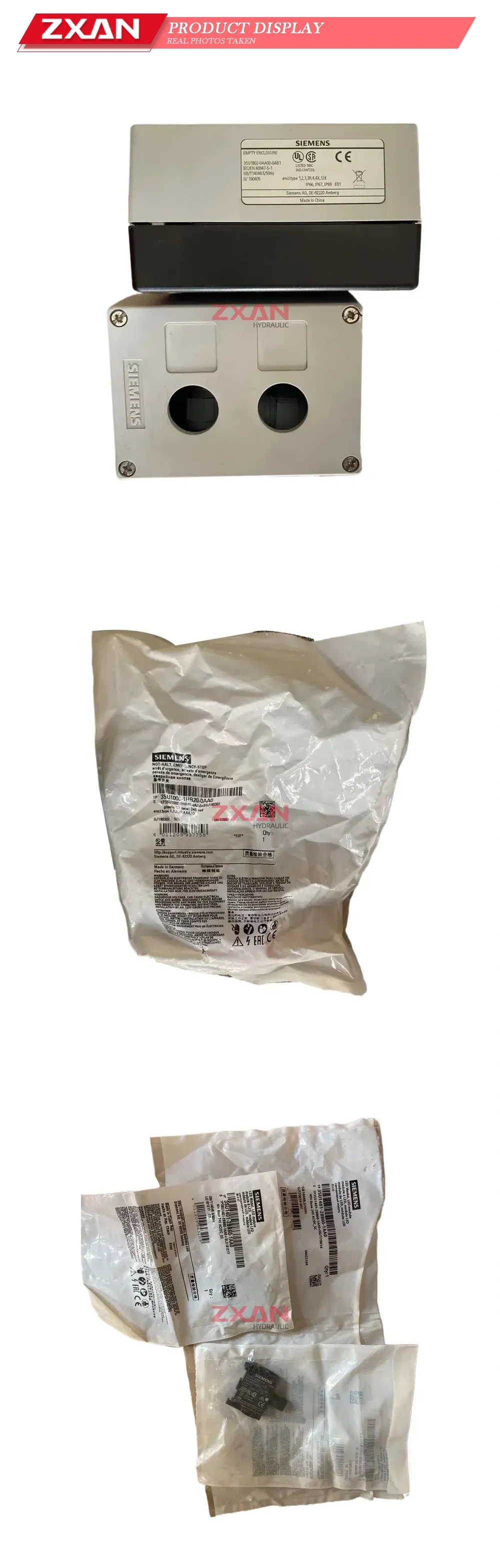 Siemens 3SU1802-0AA00-0AB1, 3SU1000-1HB20-0AA0, 3SU1401-2BB60-1AA0, 3SU1401-2BB50-1AA0 Pushbutton Enclosure and Command Devices Set (Empty Enclosure, Emergency Stop Button, LED Indicator Modules) Description