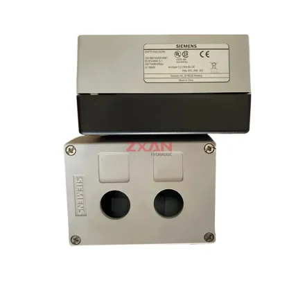 Siemens 3SU1802-0AA00-0AB1, 3SU1000-1HB20-0AA0, 3SU1401-2BB60-1AA0, 3SU1401-2BB50-1AA0 Pushbutton Enclosure and Command Devices Set (Empty Enclosure, Emergency Stop Button, LED Indicator Modules)